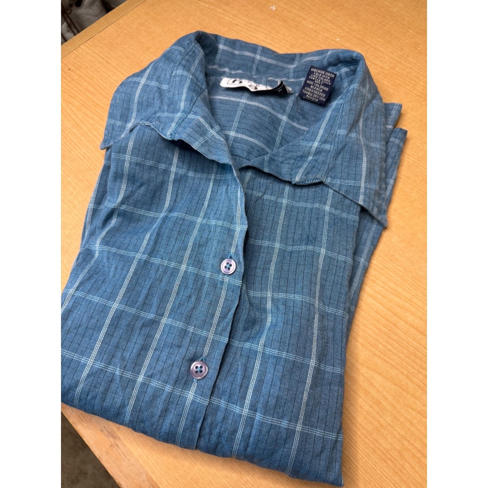 Keren Hart Womens XL Blue Plaid Button Shirt Long Sleeve Textured Rayon Blouse